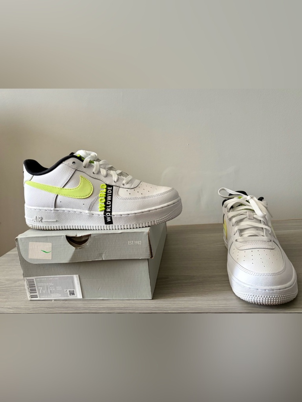 Nike Kids White Sneakers with Neon Yellow Swoosh